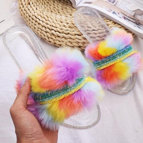 2021 New Womens Flat Sandals Fashion Plush Rhinestone Slippers Open Toe Outdoor Shoes Plus Size42