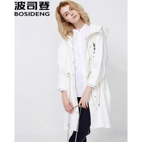 BOSIDENG new womens clothing women long trench autumn coat long coat adjustable high waist white hooded B80516028