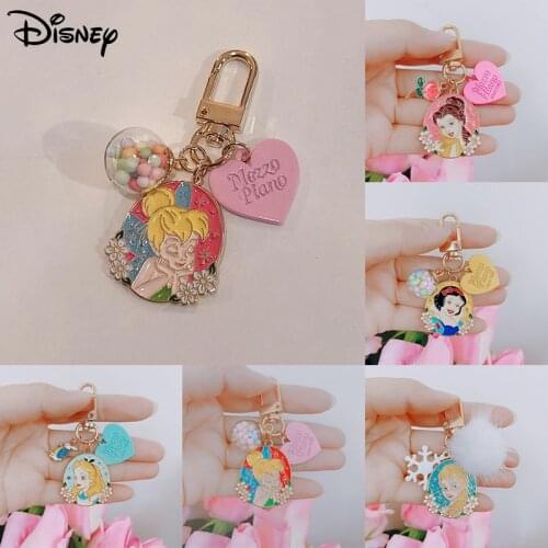 Disney Cartoon Frozen Snow White Alice Floral Fairy Keychain Metal Key Chains Bag Pendent Charm Airpods Accessories Kids Toys