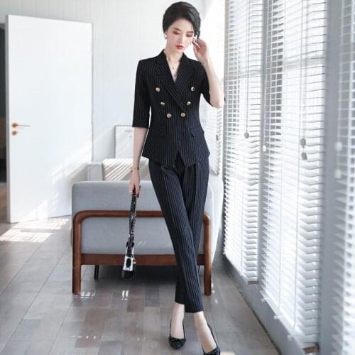 WomenSpring professional womens pants suit feminine Casual striped elegant ladies blazer jacket Stylish office set high quality