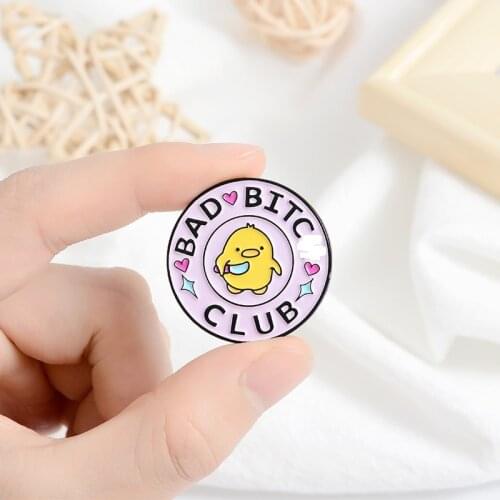 Cute Animals Bad Girl Club Round Brooch Creative Small Yellow Duck Cartoon Knife Pin Badge Lapel Female Student Fashion Pink