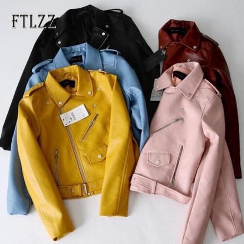 Women faux leather jacket fashion slim with belt turn-down collar leather coat autumn ladies yellow biker moto PU outerwear