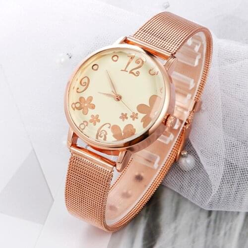 Fashion Casual Floral Pattern wrist watches for women stylish luxury brand gold mesh stainless steel ladies watch reloj mujer