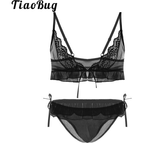 TiaoBug Mens See Through Sheer Mesh Sissy Lingerie Set for Male Crossdressing Lace Bra with Panties Erotic Gay Sexy Underwear