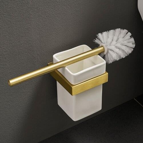 Toilet Brush Holder Set Aluminum Brushed Gold Toilet Brush Rack Bathroom Cleaning Tools Wall Mounted Nail Punched Free Shipping