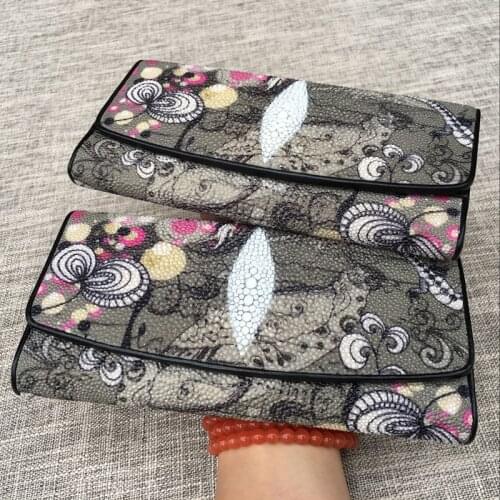 Authentic Exotic True Stingray Skin Female Zipper Coin Pocket Genuine Leather Lady Large Gray Clutch Wallet Womens Card Purse