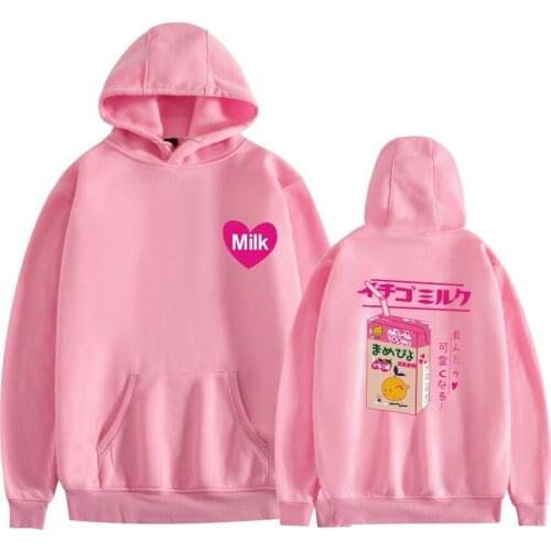 Girls Clothing Hoodie Sweatshirt Pink Milkshake Juice Strawberry Heart Japanese Printed Loose Hooded Pullover Long Sleeve