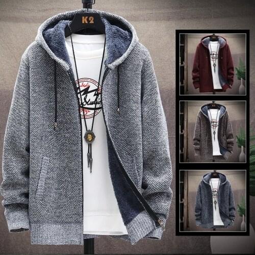 Autumn/winter hooded jumper zipper cardigan fleece faux fur wool sweater thick style warm mens sweater jacket coat