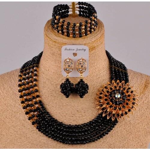 Crystal Beaded Necklace Black and Gold ab Jewelry Set ladies Wedding African Beads Nigerian Jewelry Wedding Accessories FF-15