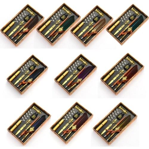 1 Set Vintage Quill Feather Dip Pen Fountain Writing Ink 5 Nibs Seal Wax Gift Box Calligraphy Stationery School Supplies