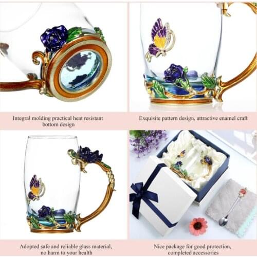 Mothers Day Gift Flower Glass Coffee Mugs With Spoon&Cleaning Cloth&Gift Box Milk Juice Tea Mug Cup Valentines Day Lady Gift