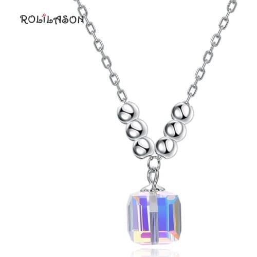 ROLILASON 925 Sterling Silver White transparent square For Ladies Necklace pendant Wedding gift Fashion Jewelry SP51