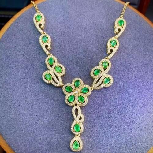 Luxurious flower water drop Natural green Emerald necklace Pendant S925 silver natural stone necklace woman party gift jewelry