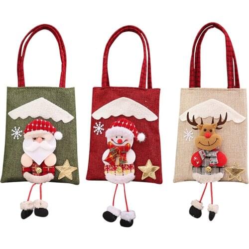 Christmas Ornament Linen Old Snowman Elk Doll Tote Bag with Foot Kindergarten Graduation Small Gift Xmas Children Candy Bag