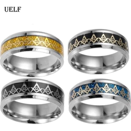 Uelf Vintage Black Stainless Steel Men Ring Free Mason Freemasonry Masonic AG Retro Punk Silver Color Titanium Male Ring Jewelry