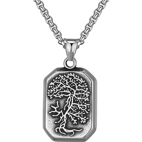 Stainless Steel Vintage Tree of Life Dog Tag Pendant Necklace Viking Trees Jewelry Gift with Chain For Him