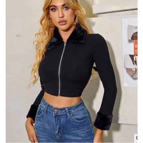 WomenS Jacket Solid Color Short Long-Sleeved Knitted Jacket Plush Lapel Ribbed Full Zipper Jacket 2021 Autumn All-Match Casual