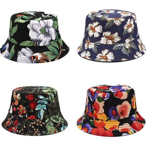 Women Bucket Hat Flower Printing Summer Panama Fisherman Hats Foldable Sunshade Bucket Cap Reversible Flat Top Hats kapelusz