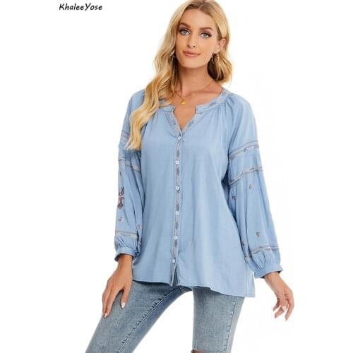 KHALEE YOSE Floral Embroidery Blouse Shirt 100% Cotton Autumn Mexican Women Shirt Plus Size 2xl Ethnic Boho Lady Shirt 2021
