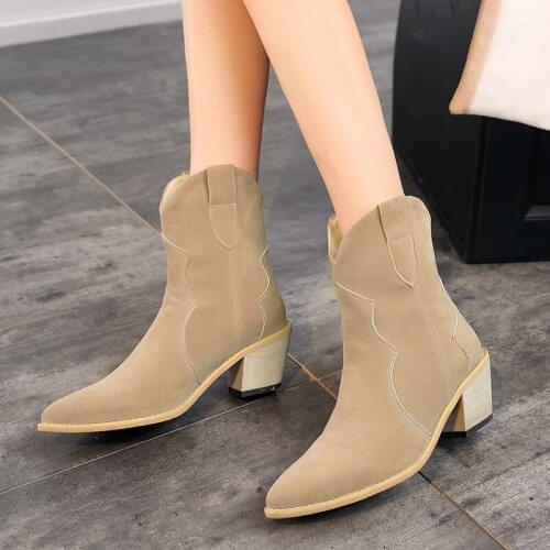 Plus Size 46 Fashion Black Apricot Ankle Boots for Women Casual Square High Heels Motorcycle Boots Autumn Winter Shoes Ladies