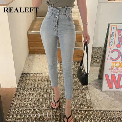 REALEFT Autumn 2021 New Buttons Womens Jeans Mid Waist Denim Blue Flare Pants Retro Washed Streetwear Slim Trousers Female