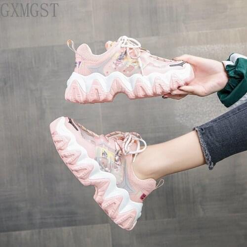 New 2021 Chunky Sneakers Ladies Rainbow Color Leather Round Toe Strap Ladies Casual Shoes Female Handmade Dad Shoes