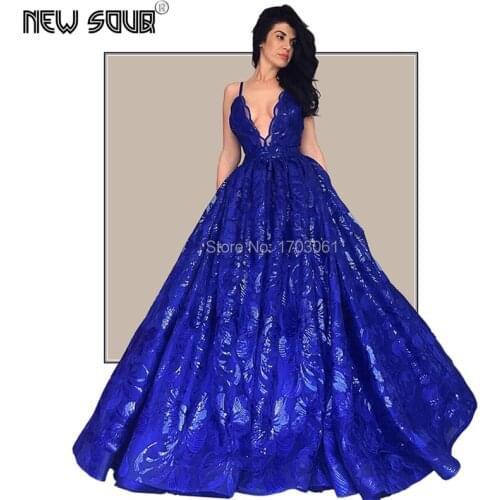 Blue Sequin Women Prom Dresses Vestido De Festa 2020 Couture Illusion Party Dress V neck Long Evening Gowns Saudi Arabia Aibye