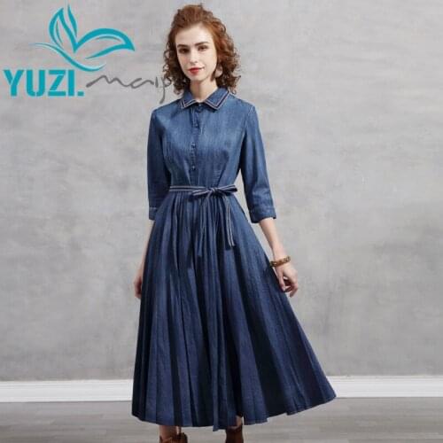 Womens Dress 2021 Yuzi.amy Boho New Elegant Denim Dresses Female Turn-down Collar Three Quarter Sleeve Vestidos A82285