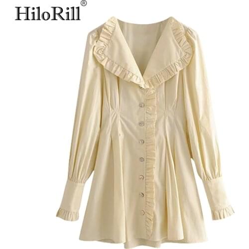 HiloRill Solid V Neck Elegant Dress Ruffles Pleated Dress Women Butterfly Long Sleeve Chic A Line Dress Sundress Vestidos Mujer