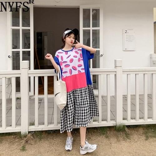 NYFS 2021 New Korean Loose Patchwork Lattice Hem Woman Dress Vestidos Robe Elbise Pure cotton comfort Dress