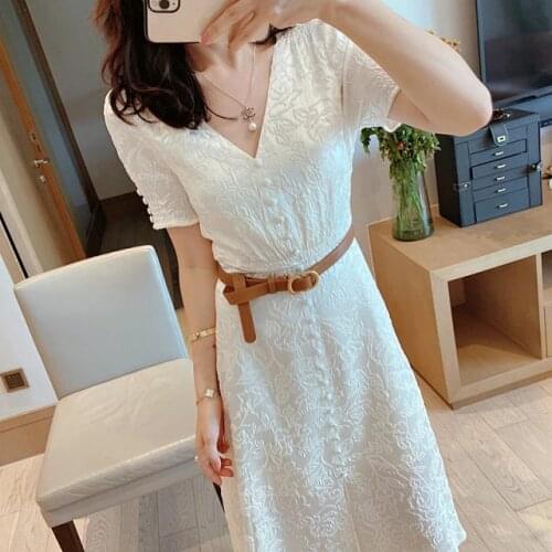 Elfbop Ladies V Neck Button Front Jacquard Short Sleeve Midi Dress