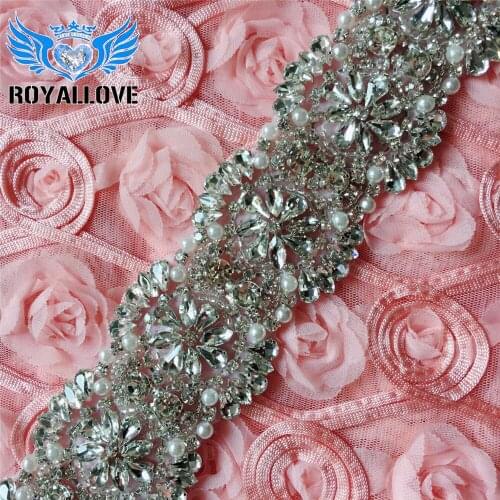 10 Yards) Wholesale hand beaded bridal applique crystal rhinestone pearl trim iron on for wedding evening dress sash LG-476