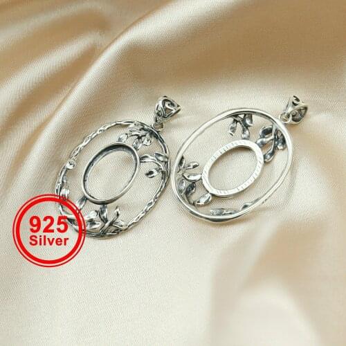10x14MM Oval Vintage Style Antiqued Solid 925 Sterling Silver Tree Branch Leaf Pendant Charm Bezel Settings 1421100