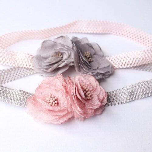12pcs/lot Korean Design Double Flower Pink Elastic Gold Hearts Hairbands Princess Girl Grey Floral Summer Elastic Girl Headbands