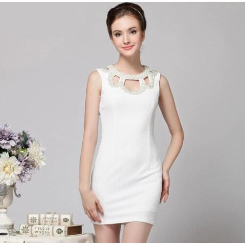 2020 White Sleeveless Hollow Out O-Neck Women Dress Office Bandage Sexy Party Dress Summer Beading Bodycon Mini Dresses Vestidos