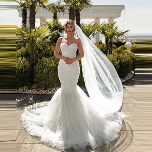 Elegant 3D Lace Appliques Mermaid Wedding Gowns Strapless Tulle Wedding Dress Floor Length Pretty Bridal Dresses Vestido de novi