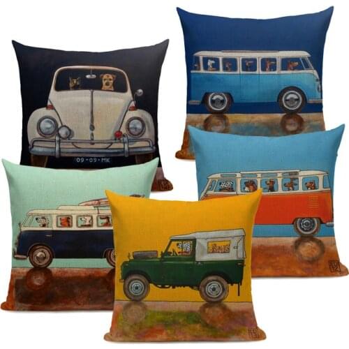 Hot Sale Pillow Lovely Cartoon Dog Cat Color Driving Car Vintage Almofadas 45X45CM Linen Pillow Decorative Linen Cushion Cover