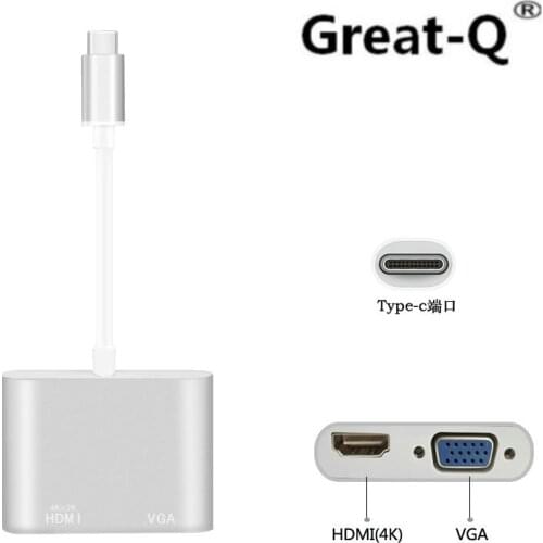 Great-Q USB Type C to HDMI VGA Adapter Male to Female Type-C Converter Audio Video Cable for Macbook USB-C phone Tablet