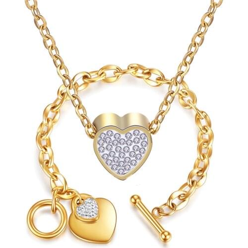 Hot Selling Love Crystal Stainless Steel Necklace Bracelet Set OT Buckle Love Stainless Steel Heart-shaped Jewelry Set