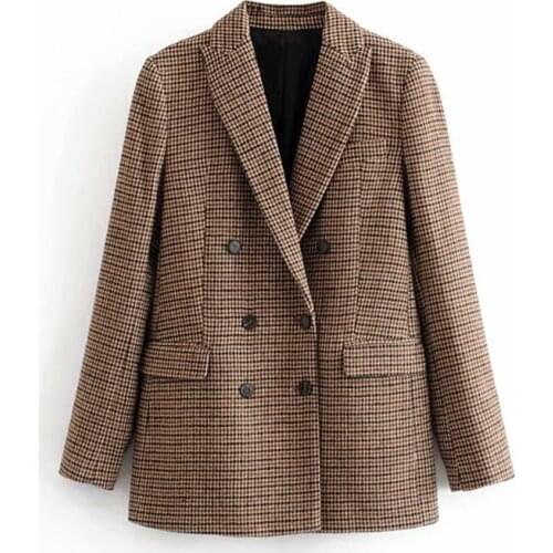 Classic Plaid Blazer Women Double Breasted Khaki Pocket Long Sleeve Office Ladies Blazer Autumn Jacket Female Outerwear Coats