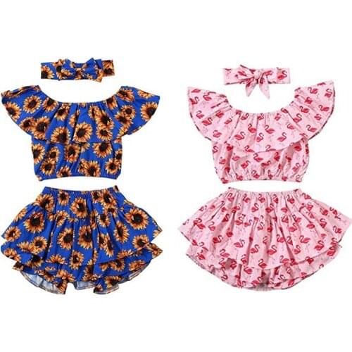 Pudcoco 2020 Summer Toddler Baby Girl Clothes Sets Flamingo Ruffle Tops +Layered Pants + Headband 3Pcs Outfits Cotton Clothing