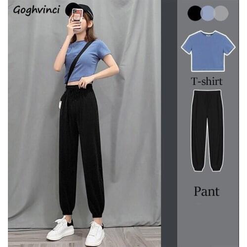 Women Sets Crop Top Short Sleeve Tshirts Solid Ankle Length Cargo Pants High Waist Basic Elegant Casual Korean Style Summer Chic