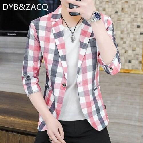 DYB&ZACQ Summer Mens Suit Seven Minute Sleeve Korean Version Slim Fashion Handsome Lattice Sleeve Small Suit Jacket Jacket 3XL