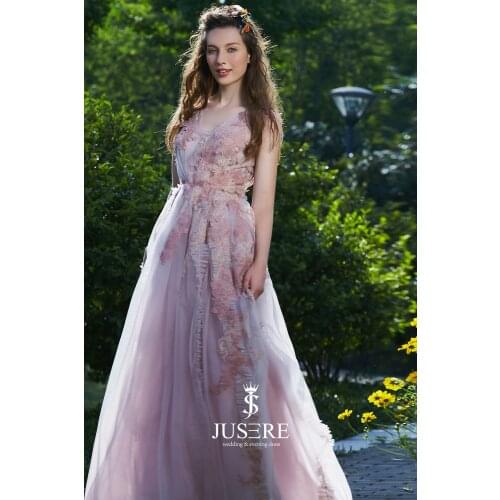 Sweet Blush Pink V Neckline Soft Tulle Lace Appliques Evening Dress
