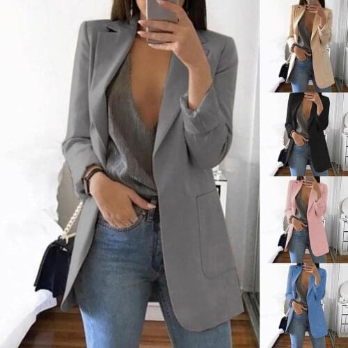 Fashion Women Office Suit Solid Color No Button Lapel Slim Fits Blazer Coat