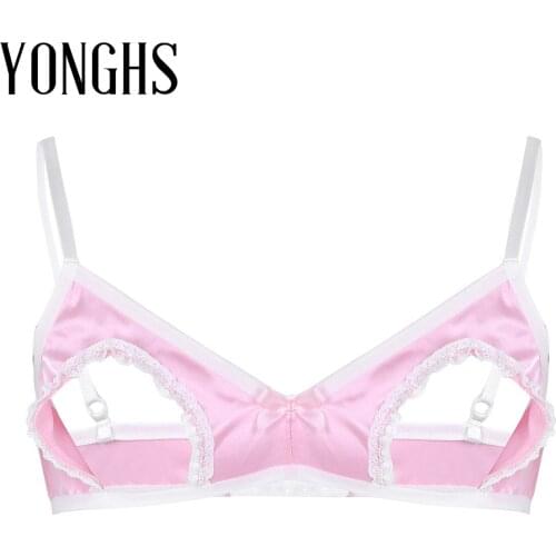 Mens Mens Sissy Lingerie Bra Smooth Satin Adjustable Spaghetti Straps Hollow Out Nipples Wire-free No Padded Hot Sexy Bra Tops