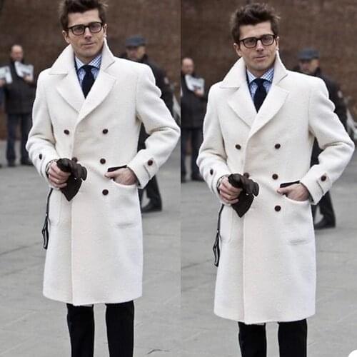 Solid White England Style Woolen Overcoat Mens Thick Plus Double-Breasted Long Coat Casual Winter Fashion Warm Jacket