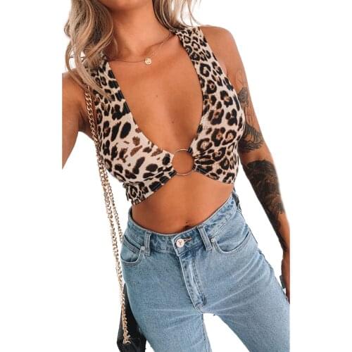 Sexy Women Leopard Sleeveless Vest Iron Hoop Connected Bra Crop Top Summer Fashion Lady V-Neck Tank Tops Clubwear Black White