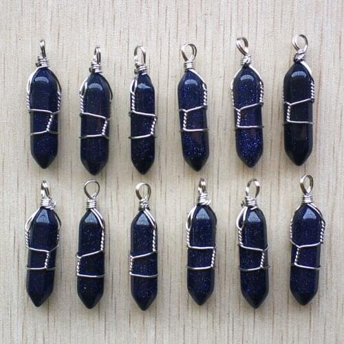 Wholesale 12pcs/lot blue sand stone pillar shape point handmade iron wire pendants for jewelry making free shipping