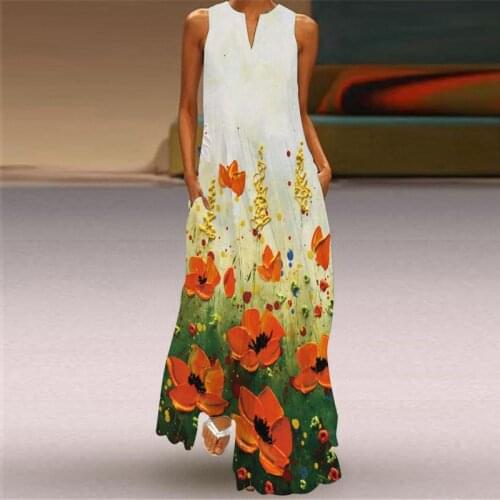 Print Summer Dress Casual Sexy Boho Beach Dresses Women Party Dress V-neck Sleeveless Pocket vintage Bohemian Long Dress S-5XL